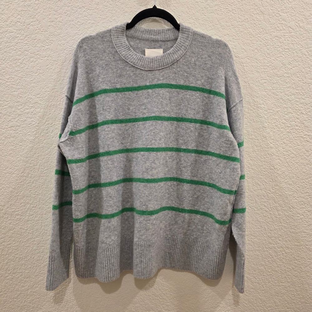 Aerie Striped Crewneck Oversized Knit Sweater Womens Size XS Grey Green Cozy